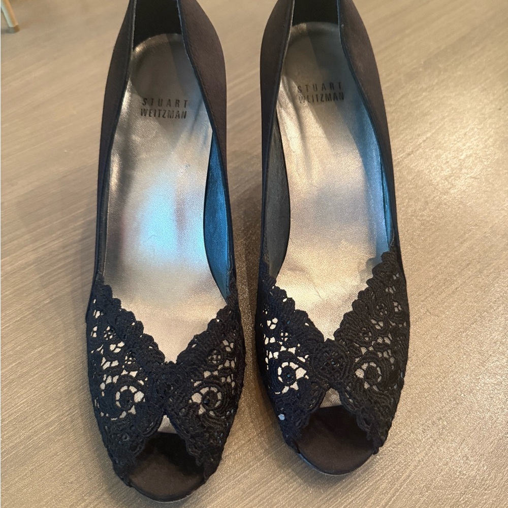 Stuart Weitzman Black Lace Open-Toe Heels